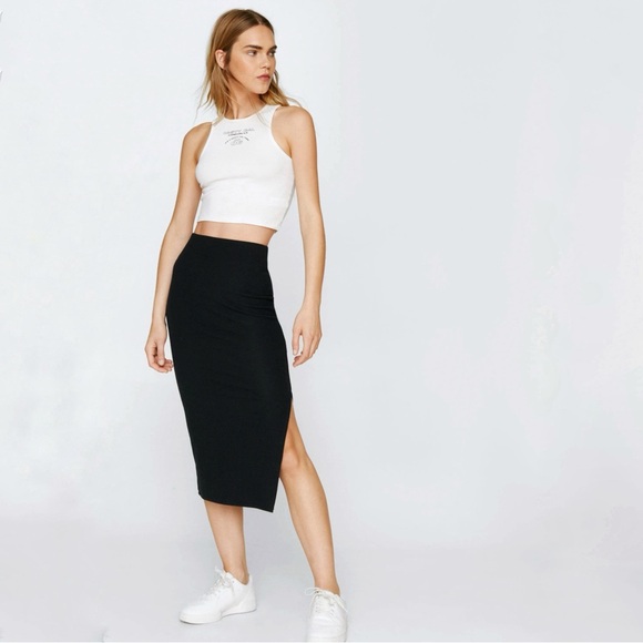 Nasty Gal Women’s Brown Ribbed Side Split Midi Skirt - Picture 2 of 12